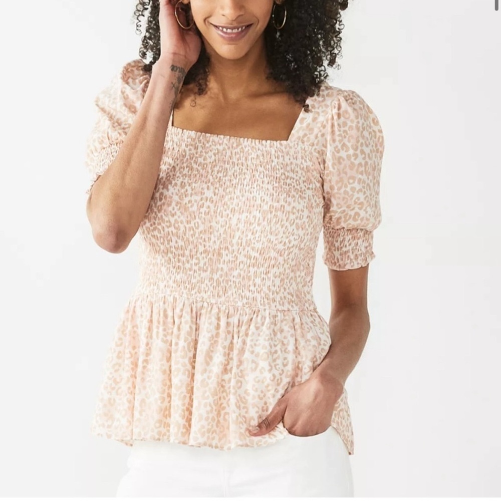 Nine West smocked peplum animal print top